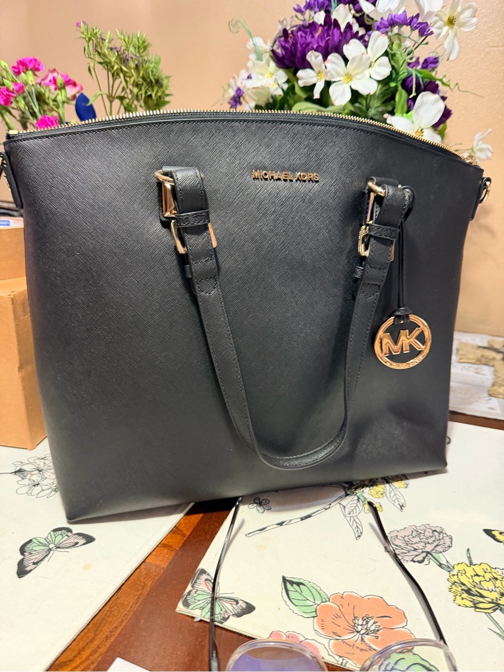 Michael Kors Black Leather Tote with Gold MK Charm